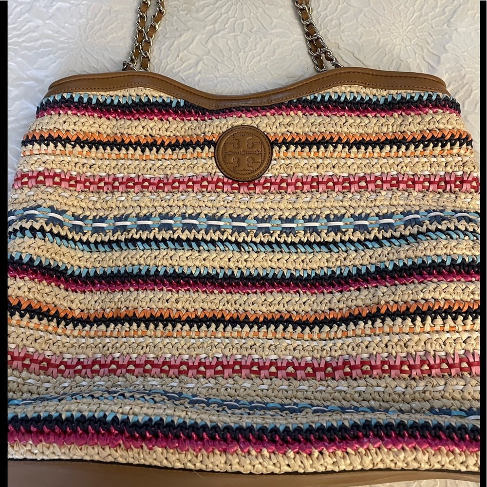 Tory Burch multi color woven tote. Like new condition.